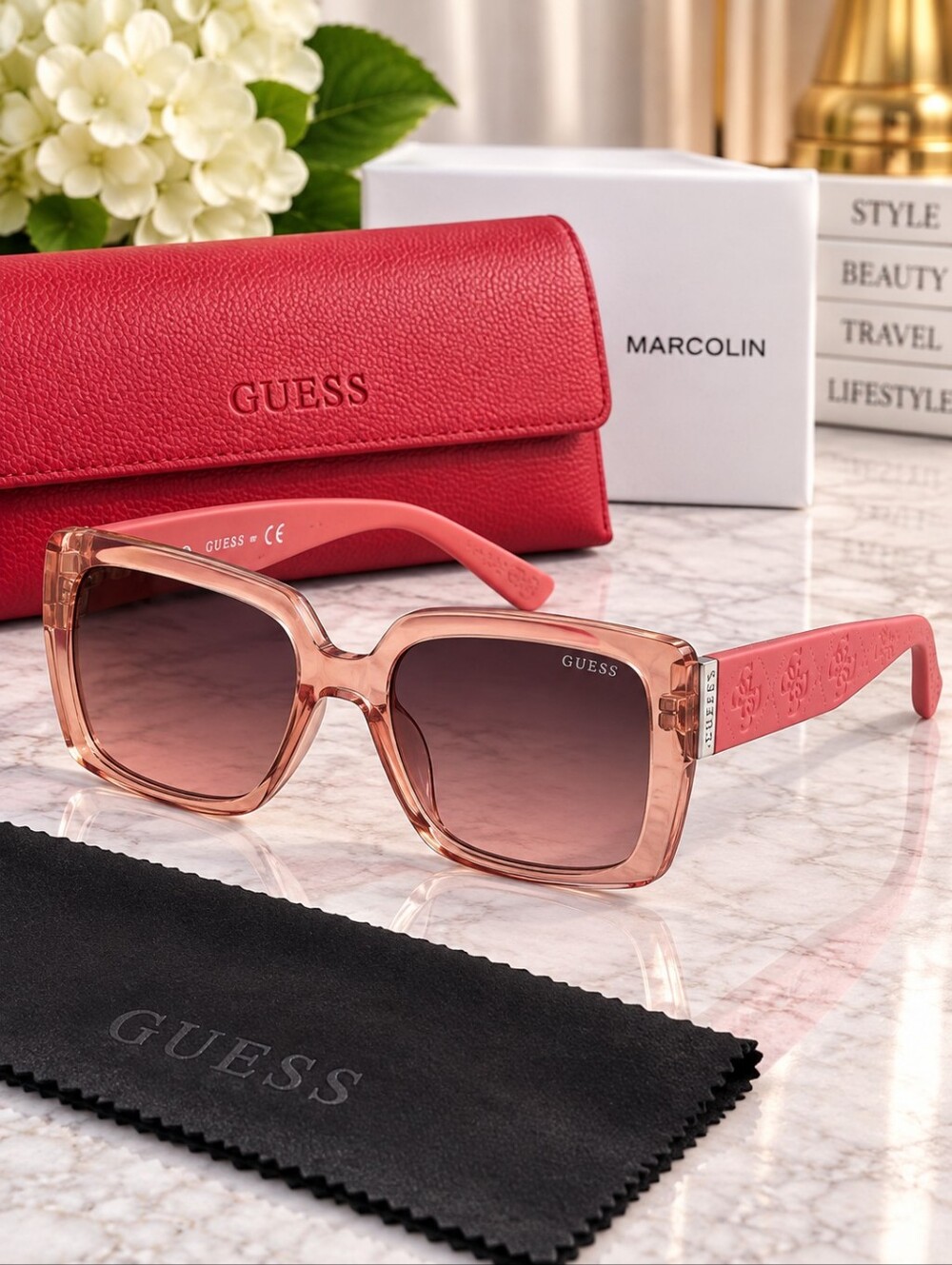 Guess Quattro G GU00200 Oversized Square Sunglasses Pink Brown Gradient Lens NWT